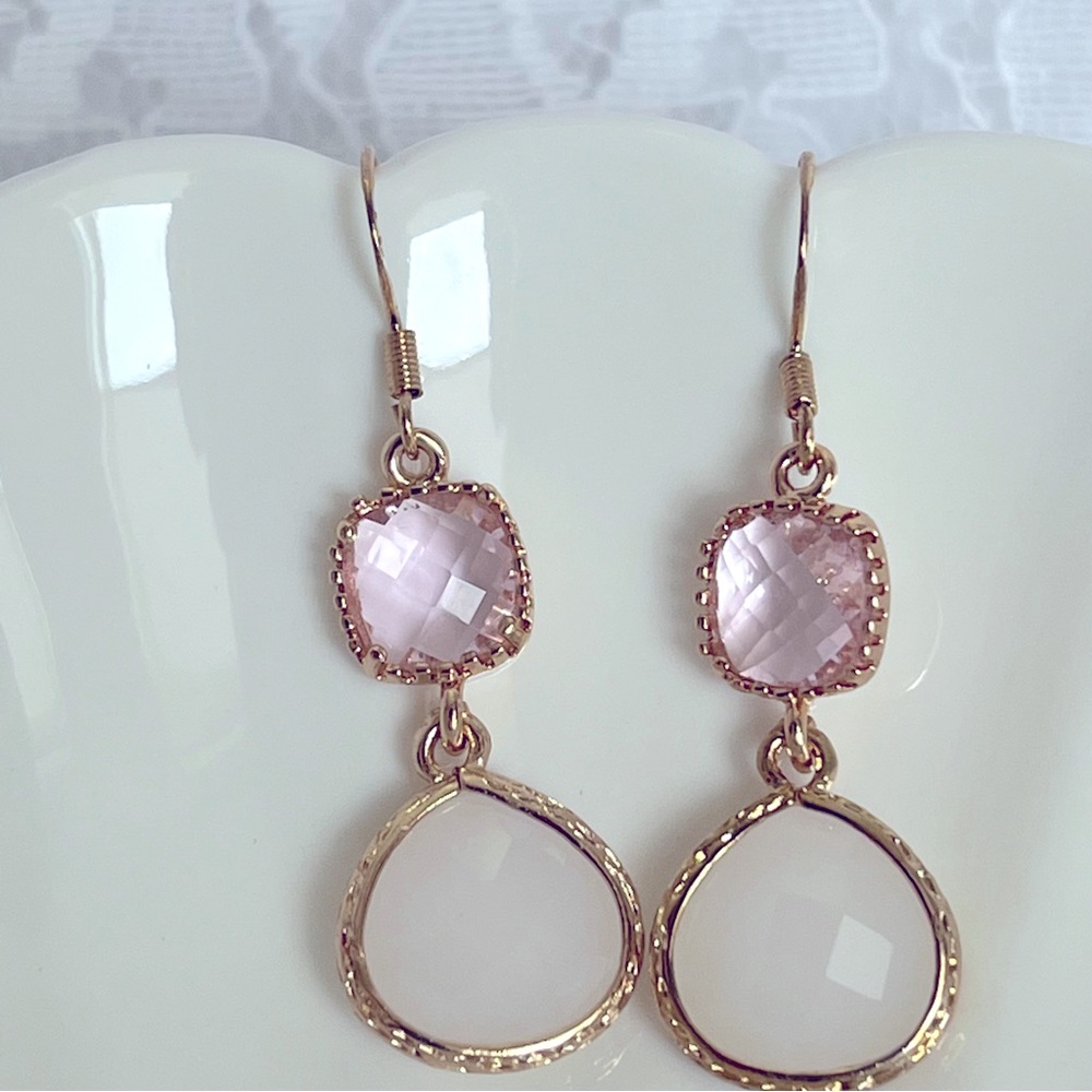 Pink Ivory Gold Teardrop Handmade Dangle Earrings